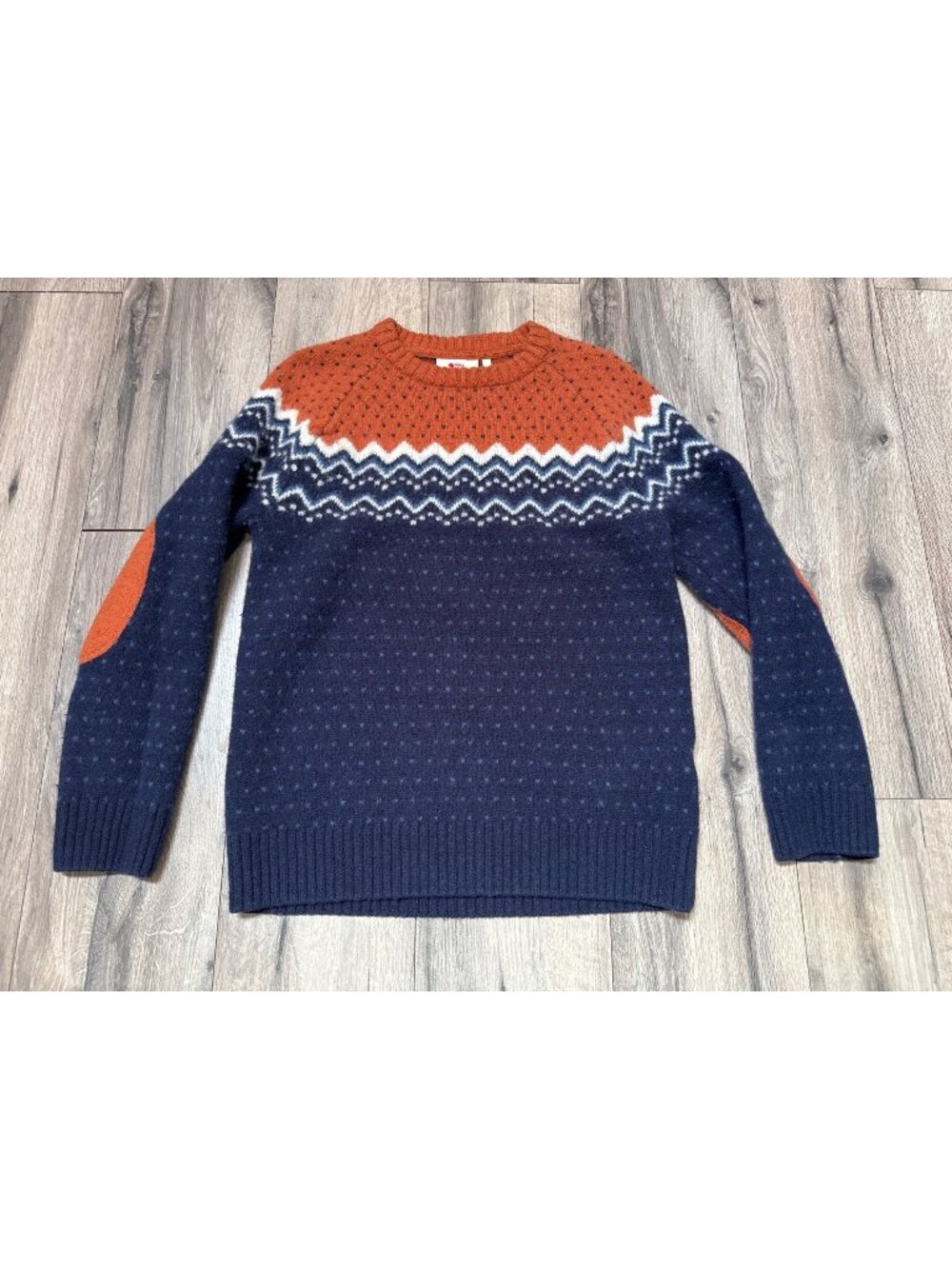 Fjallraven Mens Knitted Sweater Nordic Pattern In Navy & Orange Wool Blend Size